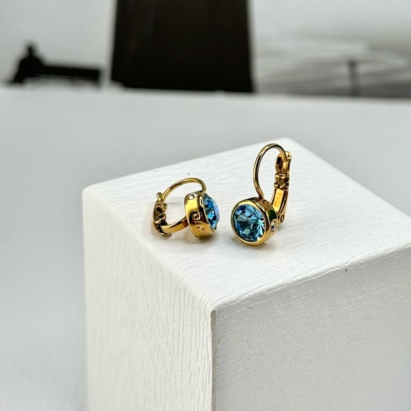 Aquamarine And Clear Crystal Hook Gold Earrings - Picture 4 of 6